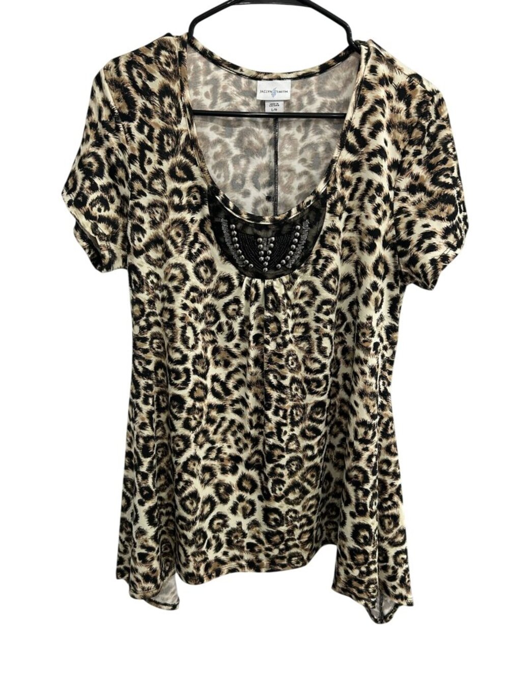 Jaclyn Smith Large Leopard Print Beaded Lace Top Flowy Hem Boho Maximalist